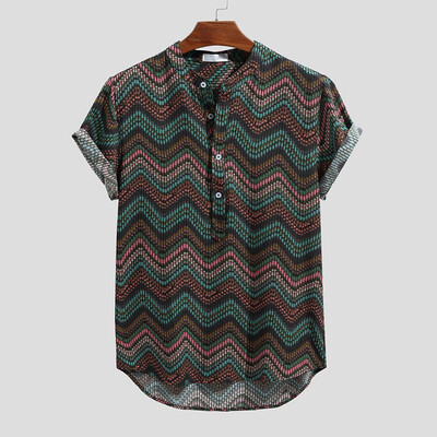 

Toponeto Fashion Mens Ethnic Printed Stand Collar Short Sleeve Loose Shirts Blouse