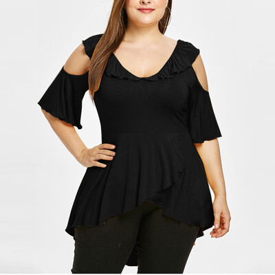 

Roseonmyhand Womens Plus Size V-neck Short Sleeve Off Shoulder Ruffled Irregular Hem Tops
