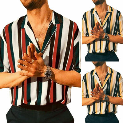 

Cool Men Short Sleeve Vertical Striped Shirt Regular Fit Causal Button Down Shirt Fashion Lapel Shirt Top