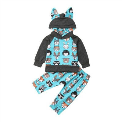 

US Newborn Baby Girl Boy Hooded Shirt Top Long Pants Autumn Clothes Set Outfits