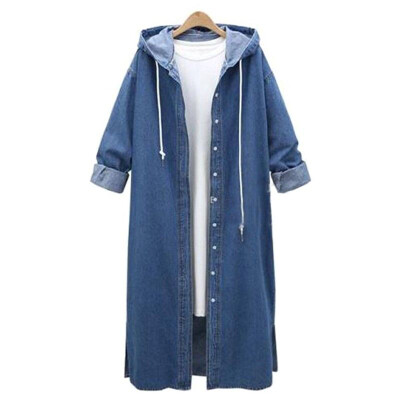 

Womens Hooded Blue Denim Trench Coat Ladies Loose Jeans Outerwear Long Jacket