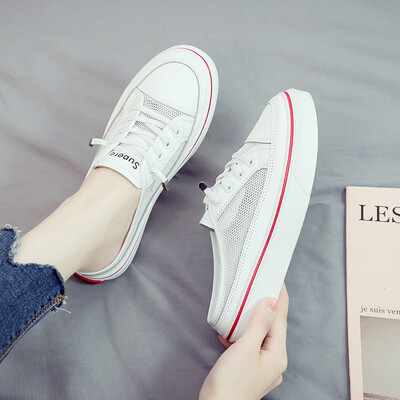 

White womens shoes 2019 summer new half slipper heel loafer net shoes Korean version of Joker net summer tide shoes