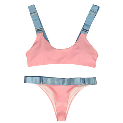 

Shoulder Strap Padded Color Blocking Low Waist Women Bikini Set
