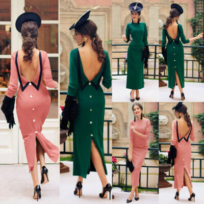

Womens Long Sleeve Bodycon Slim Summer Party Evening Cocktail Pencil Midi Dress