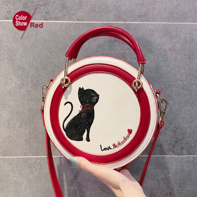 

Womens Shoulder Bag Cute Cat Handbag Circular Fashion Bags PU Leather Embroidery Round Messenger Crossbody bag womens 2019