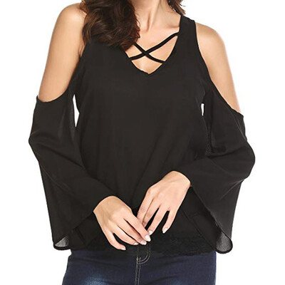 

Nomeni Women Ladies Cold Shoulder Lace T-Shirt Long Sleeve Tunic Tops Blouse BKL