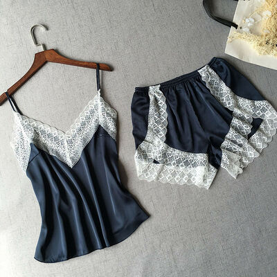 

2pcs Women Satin Lace Sleepwear Babydoll Sexy Lingerie Nightdress Pajamas Set