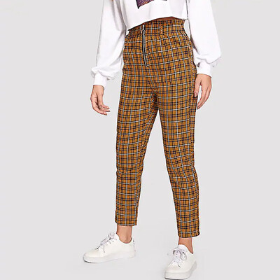 

Fashion Women High Waist Lattice Printing zipper Long Trousers Casual Pants