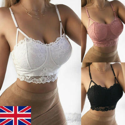 

New Womens Lace Halter Neck Bralette Bralet Bustier Crop Top Padded Bra Top UK