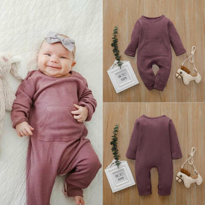 

US Infant Baby Boy Kid Waffle Solid Color Romper Top Autumn Cotton Clothes 0-24M
