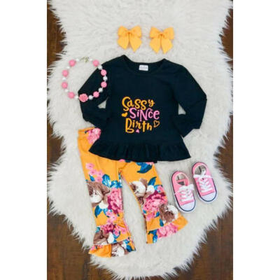 

USA Toddler Kids Baby Girls Tops Floral Bell Bottoms Pants Outfits Set Clothes