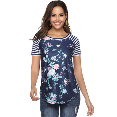 

Nomeni Women Casual Floral Print Blouse Stripe Short Sleeve Shirt Round Neck Tops