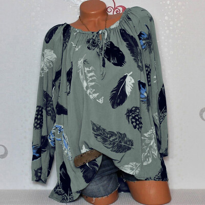 

Starmoon Women Casual Cold Off Shoulder Feather Print Daily Long Sleeve Tops Shirt Blouse