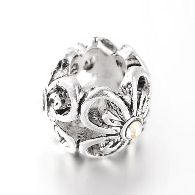 

Antique Silver Tone Alloy Rhinestone European Beads Large Hole RondelleFlower Beads Crystal AB 11x8mm Hole 5mm