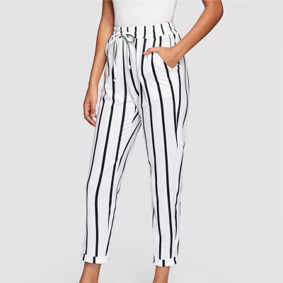 

Tailored Women Casual Drawstring Waist Stripe High Waist Tapered Carrot Pants Trousers