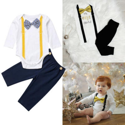 

US Infant Baby Boy Formal Suit Bowtie Gentleman Tops RomperPants Outfit Clothes
