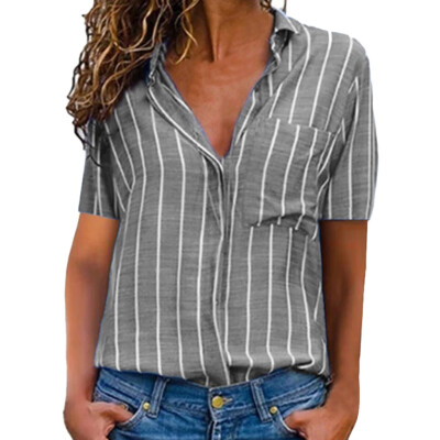 

Roseonmyhand Women V-neck Shirt Casual Short Sleeve T Shirt Ladies Printed Striped Blouse