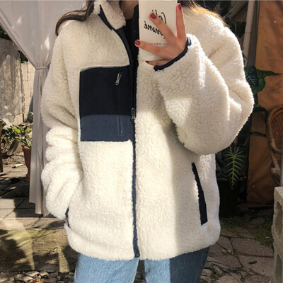 

Roseonmyhand Women Outwear Stand Collar Patchwork Double Faced Coat Plush Jacket Overcoat