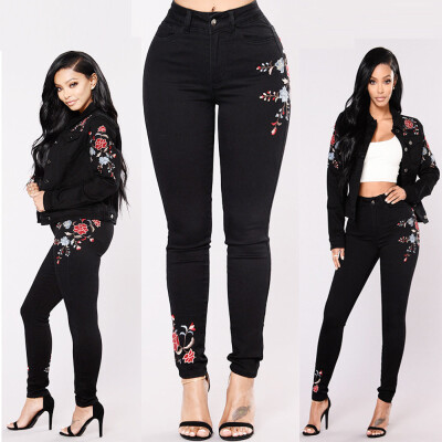 

Tailored Women High Waist Floral Pencil Jeans Trousers Ladies Embroidered Denim Pants