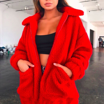 

2019 Women Jackets Plush Fashion Lapel Coat Casual Winter Outerwear With Pocket