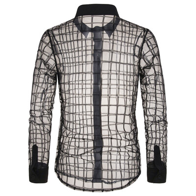 

Tailored Sexy Mens Mesh Plaid Slim Fit Turn-Down Collar Long Sleeve Top Blouse Shirt