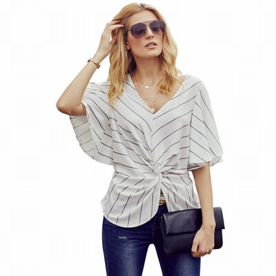 

Solid color shirt loose wild V-neck bat short sleeve knotted design shirt