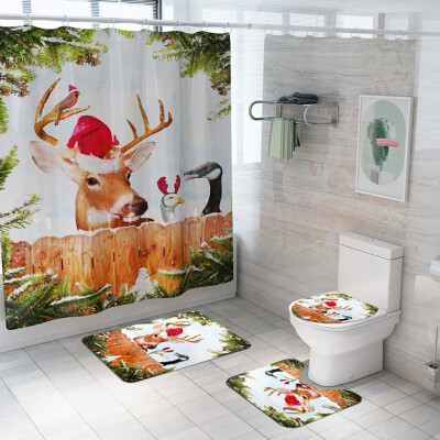 

〖Follure〗Santa Christmas Print Toilet Bathroom Mat And Shower Curtain Four-Piece Set