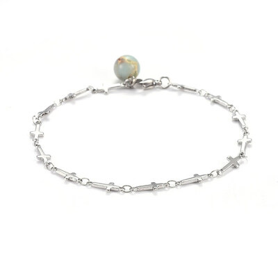 

304 Stainless Steel Cross Link Anklets with Synthetic qua Terra Jasper Pendants&Lobster Claw Clasps 8-38"212cm