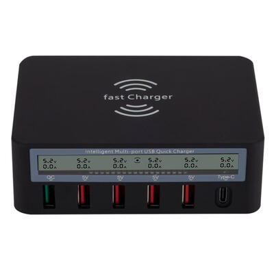 

6 USB Charger Digital Display QC 30 Station Wireless Charging Pad EU Plug