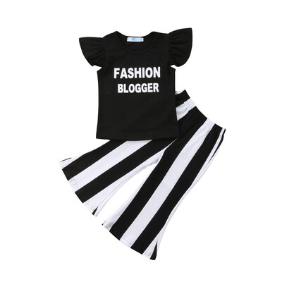 

Kid Baby Girl Ruffle Top T-shirt Flared Striped Pants Leggings Clothes Outfits