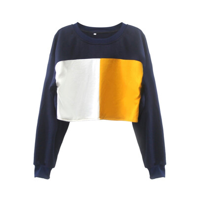 

Fashion Patchwork Short Sweatshirt Women Autumn Long Sleeve Pullovers Sweatshirs Female Casual O-Neck Sweatshirt Crop Tops