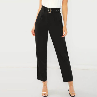 

Women High Waist Pure Color Belt Fold Wide Leg Trousers Casual Pants