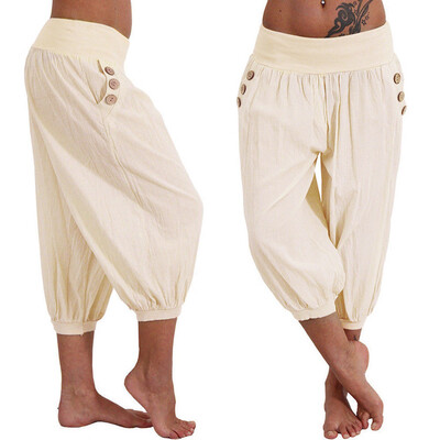 

Starmoon Women Summer Elastic Waist Boho Check Pants Baggy Wide Leg Plus Size Yoga Capris