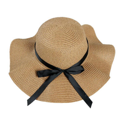 

Bowknot Decor Wave Large Brim Straw Cap for Women Beach Visor Hat Sun Cap