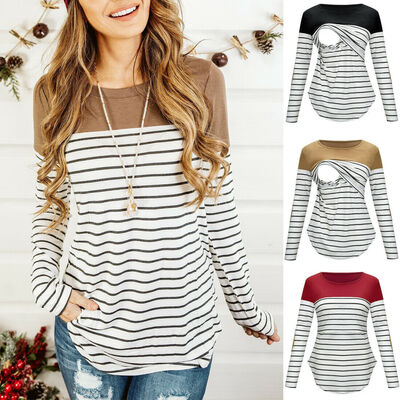 

Women Pregnant Maternity Clothes Nursing Tops Breastfeeding Striped T-Shirt