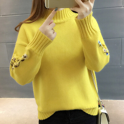 

Tailored Autumn Winter Sweater Women Embroidery Pullover Turtleneck knitting Basic Tops