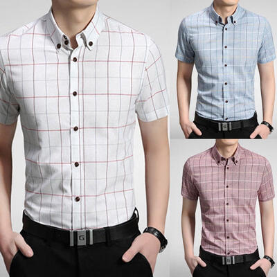 

Fashion Hot Mens Cotton Plaid Button Up Casual Short Sleeve Slim Fit Dress Shirt
