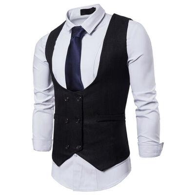 

Mens Solid Double-Breasted Formal Business Slim Chain Vest Suit Waistcoat