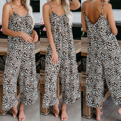 

Women Sleeveless Leopard Print Loose Wide Leg Jumpsuit Overall Long Trouser Pant