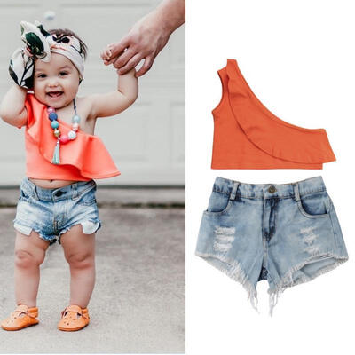 

2pcs Cute Newborn Toddler Baby Girl Summer Clothes Tank Tops Denim Hole Shorts Pants Outfits Set 1-6T