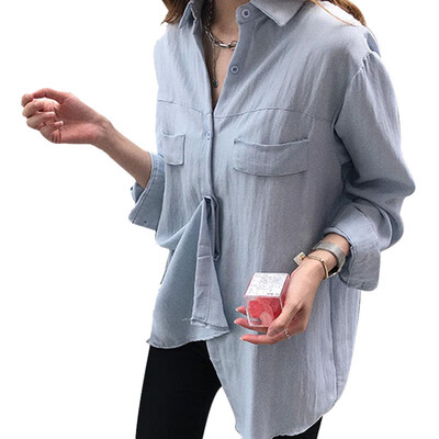 

Womens Long Sleeve Button Down Pockets Solid Turn Down Collar Loose Chic Blouse Casual Office Ladies Tops Female 2018