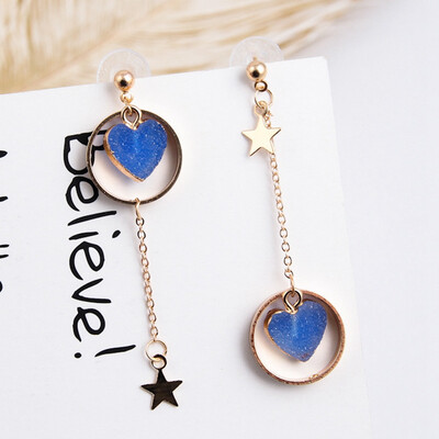

2 Korean Colorful Stone Love Heart Earrings For Girl Alloy Circle Star Pendant Asymmetry Earrings Fashion Jewelry
