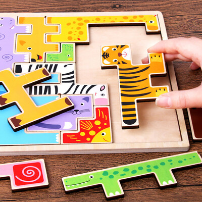 

Gotoamei Wooden Jigsaw Giraffe Animals Block Toys Tetris Game Kids Educational Toys
