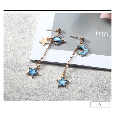 

Women Blue Metal Asymmetric Geometry Starry Moon Planet Stud Earrings Long Asymmetric Wild Sweet Jewelry Eardrop