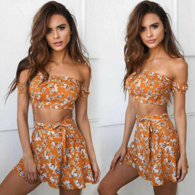 

Women 2 Piece Buckle Crop Top Bodycon Skirt Co Ord Set Party Holiday Mini Dress