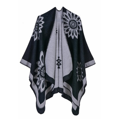 

Women Poncho Cardigan Sweater Contrast Color Block Floral Print Cashmere Capes Shawl Scarf Outerwear