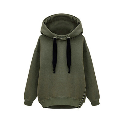 

Women Hooded Sweatshirt Long Sleeve Velvet Thick Warm Hoodies Female Zipper Decor Pullover Solid Color Sweatshirts Tops