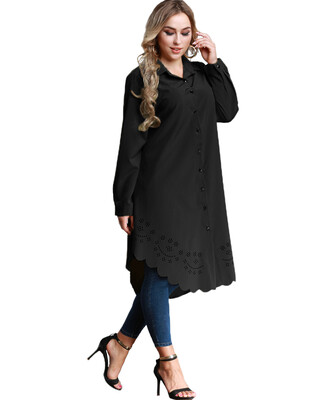 

Women Plus Size Shirt Dress Burning Flowers Hollow Out Irregular Hem Belted Casual Tunic Long Blouse Top