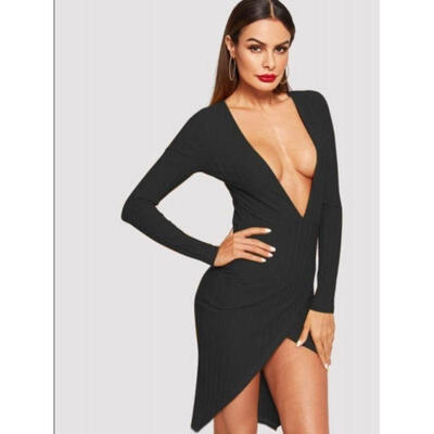 

Womens Ladies Wrap V-neck Jumper Mini Dress Winter Bodycon Evening Party Dresses