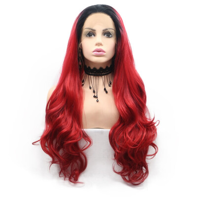 

Amazing Star Lace Frontal Wigs Long Natural Wave Red Color Heat Resistant Fiber Free Part Synthetic Hair For Fashion Women
